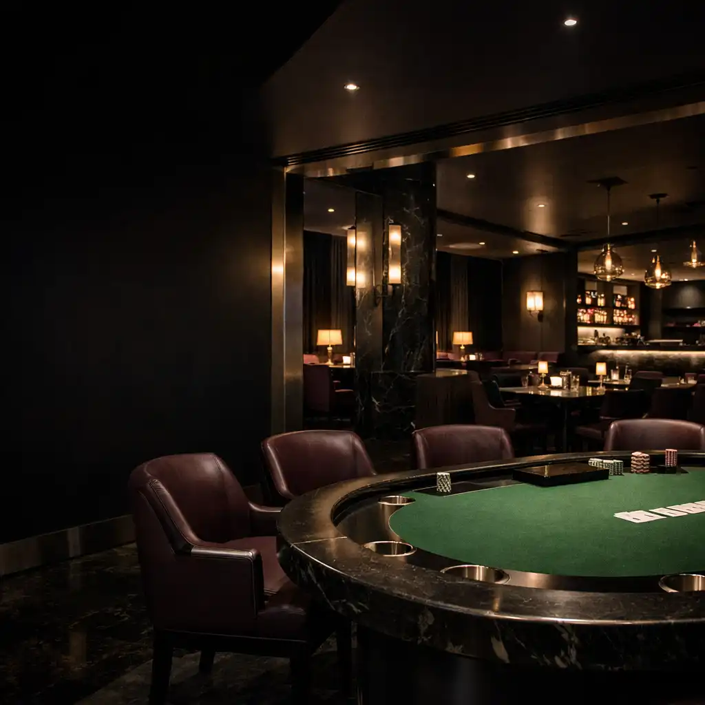 Dark Marblecardclub lounge with an amber-lit dining area and a professional green felt poker table
