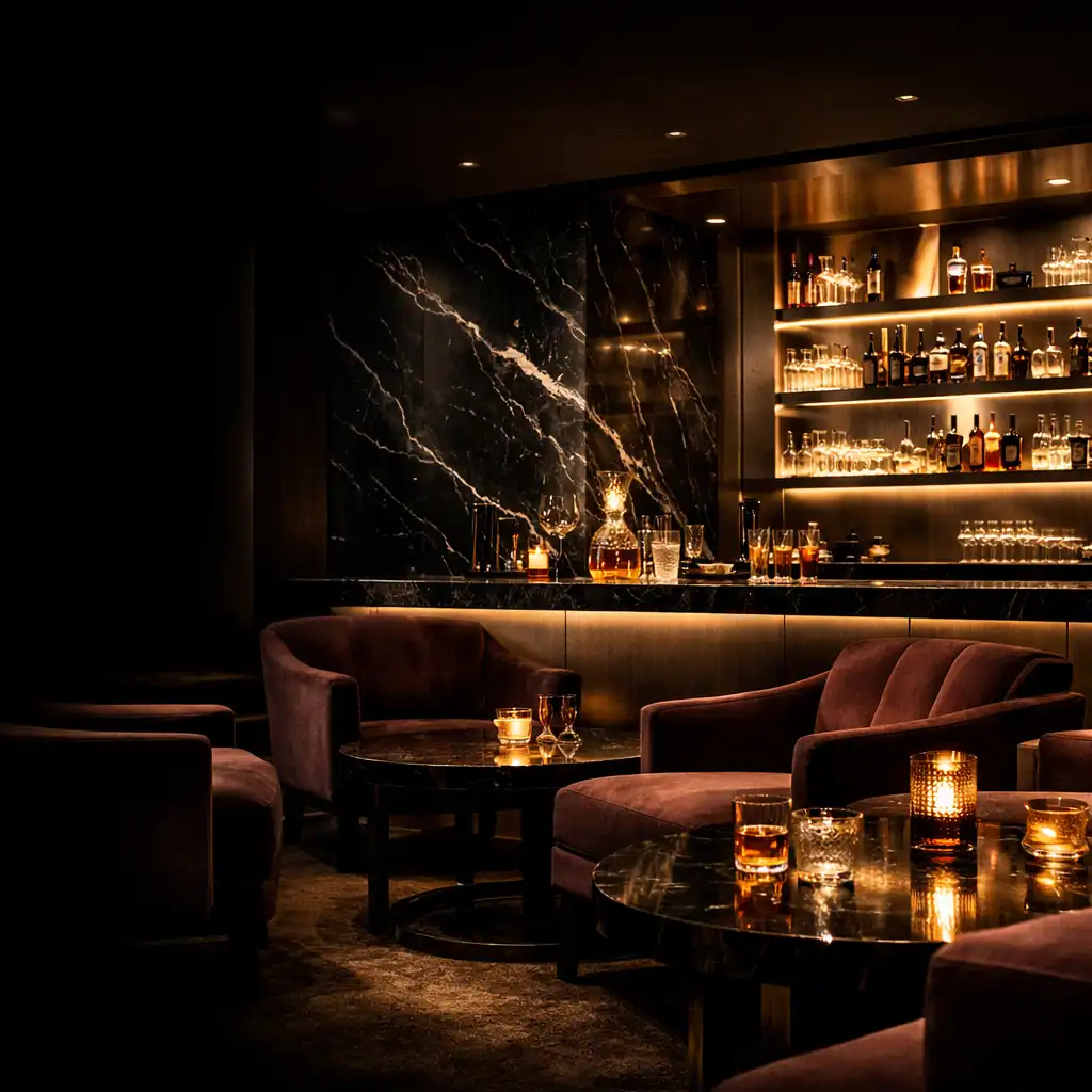 Black marble, brushed metal, muted plum seating and amber light in Marblecardclub's evening lounge