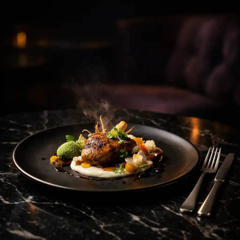Precisely plated modern gastronomy course on a dark ceramic plate over black marble