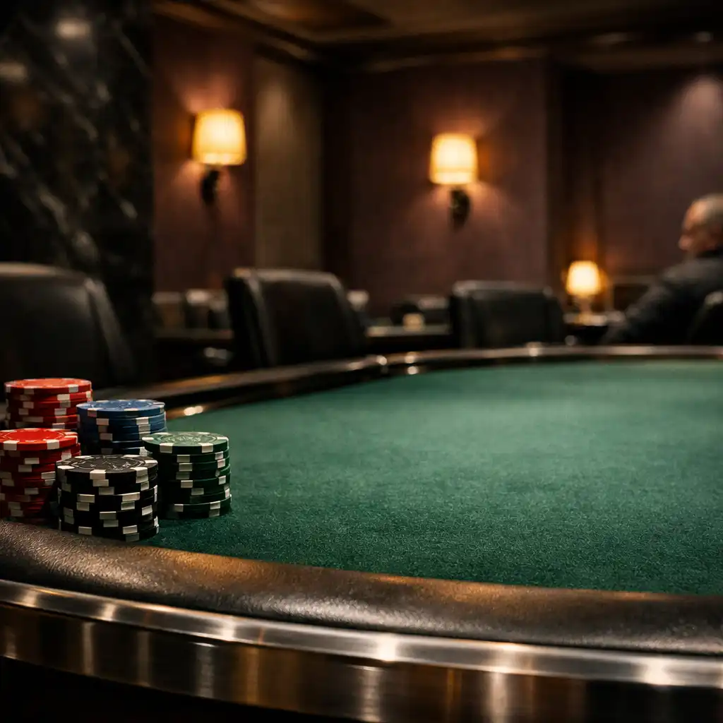 Professional green felt poker table with custom chips and brushed metal trim in the offline poker lounge