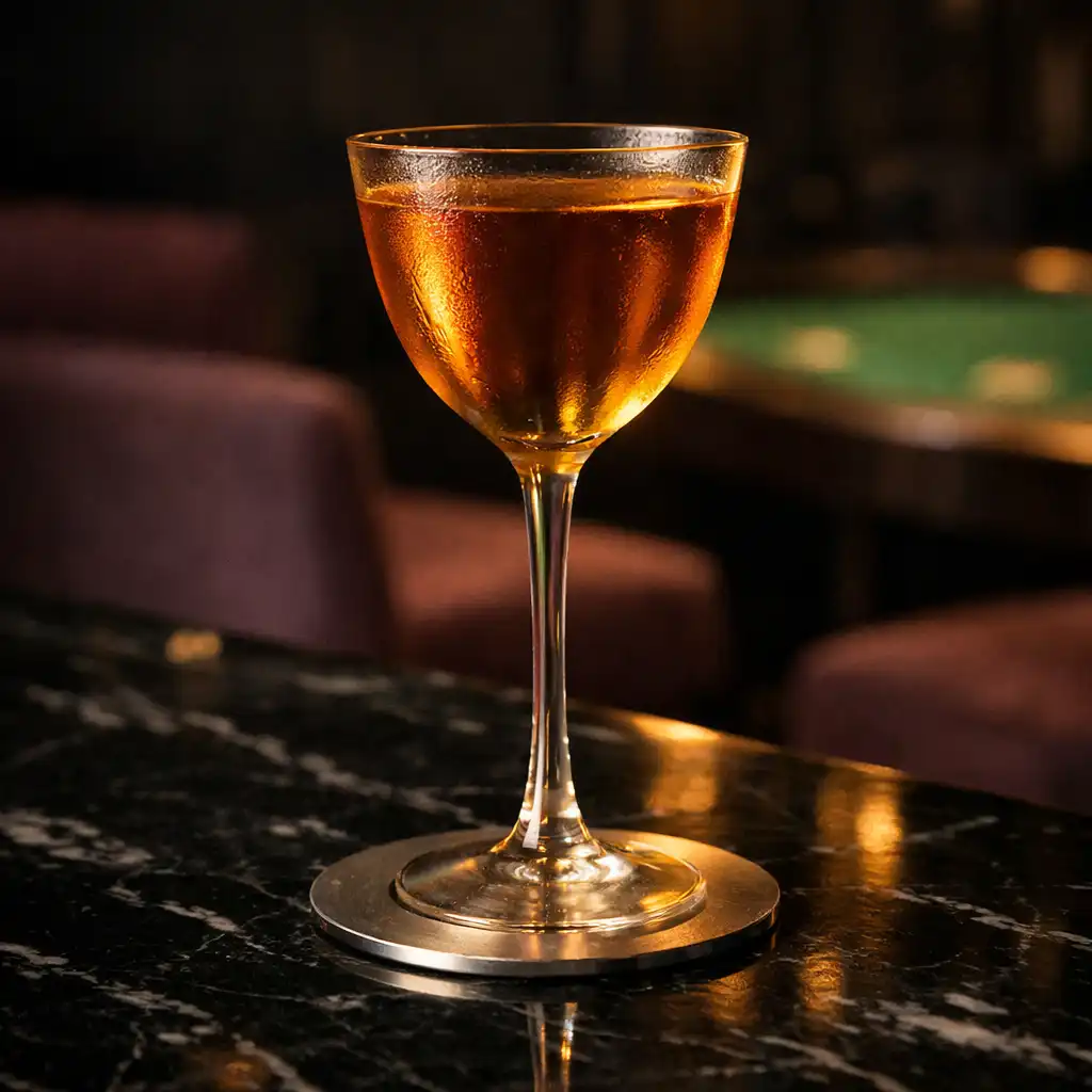 Tall signature cocktail on a black marble bar under warm amber side light