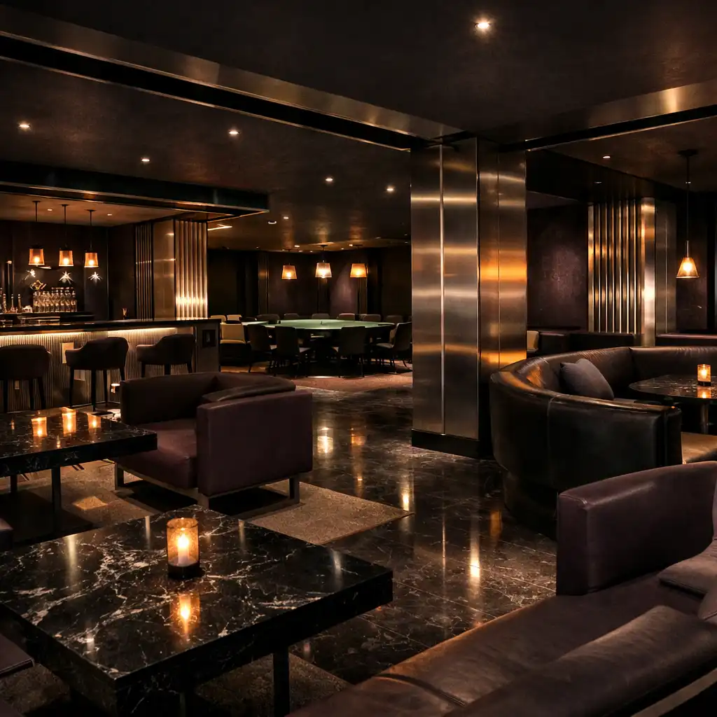 Dark marble lounge interior with warm amber lighting and a glimpse of green felt