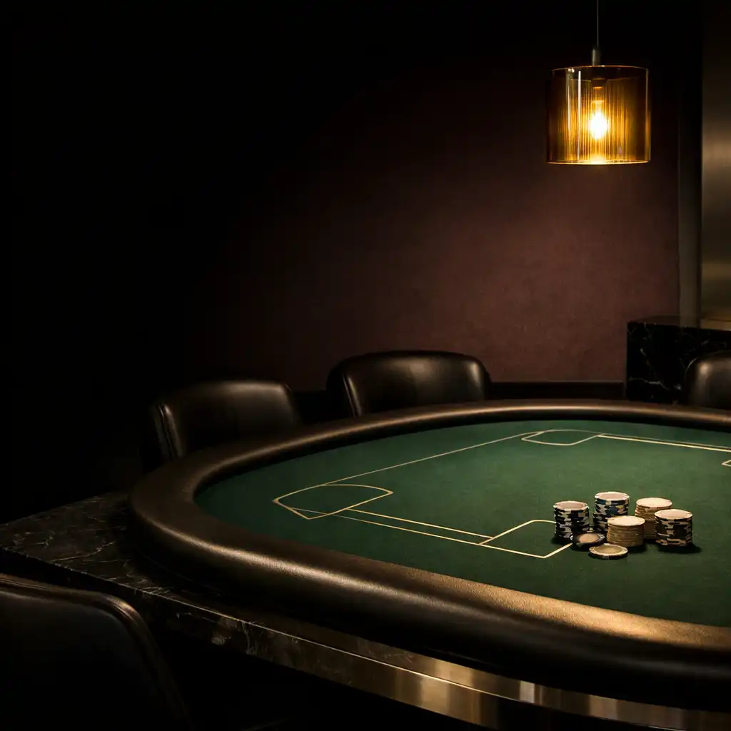 Professional green felt poker table in a dark, amber-lit lounge