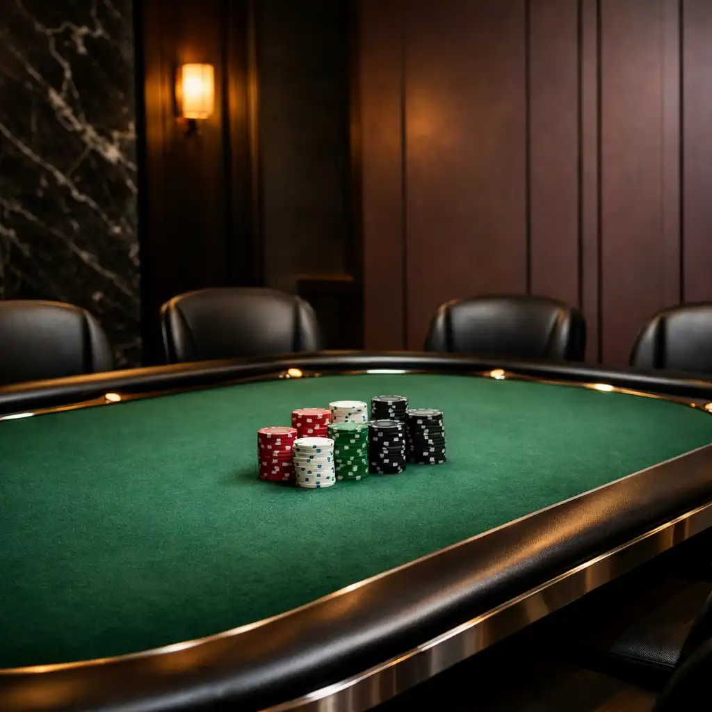 Professional felt poker table and empty chairs in an offline poker salon