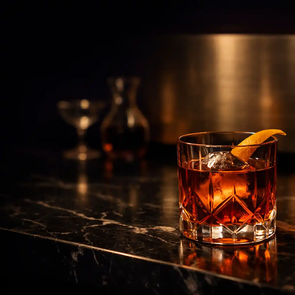Refined cocktail in faceted glass on a black marble bar
