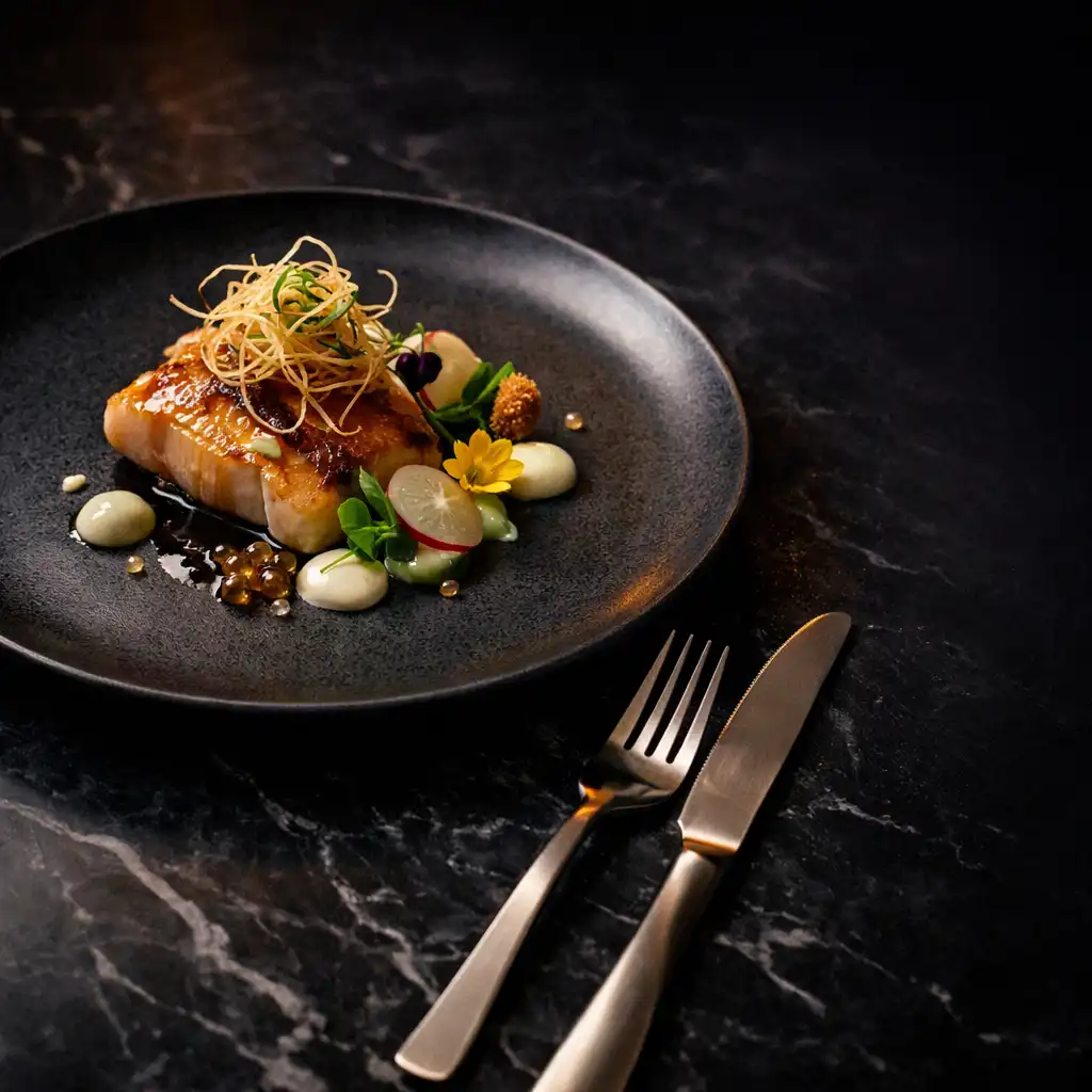 Meticulously plated modern dish on a dark marble table