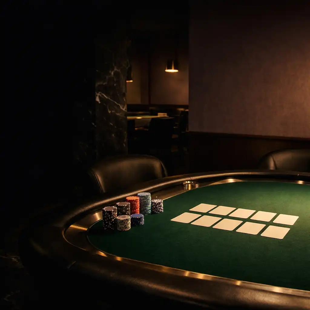 Prepared professional green felt poker table in Marblecardclub's dark offline poker salon