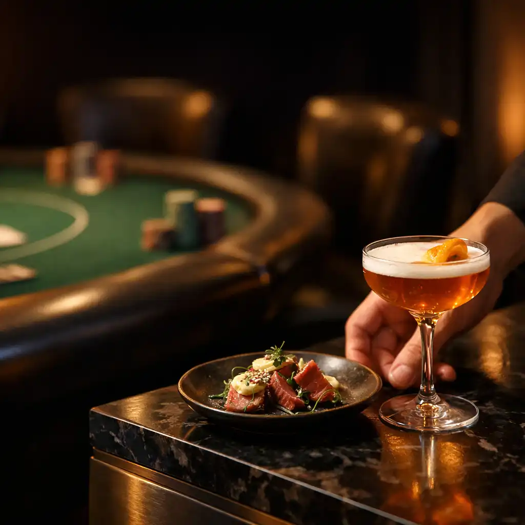 Cocktail and plated dish beside a softly visible professional felt poker table