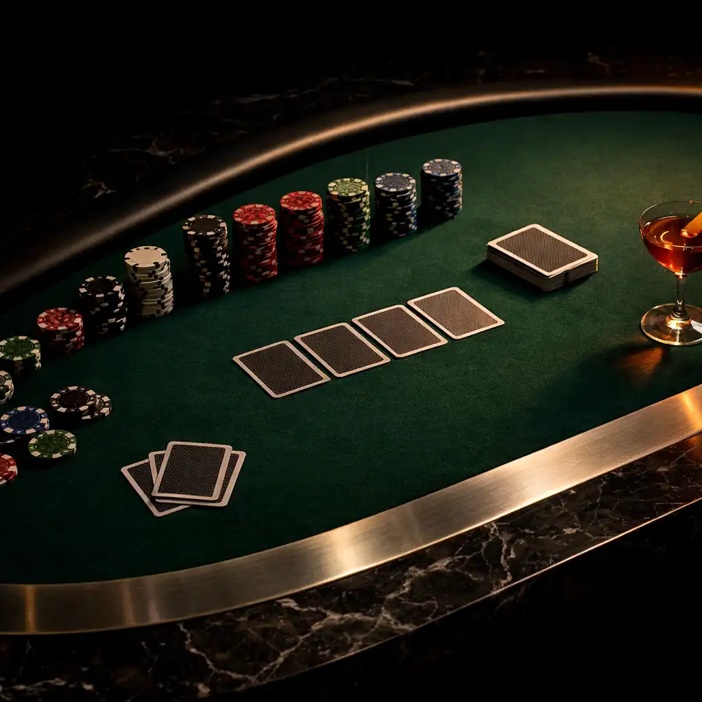 Prepared professional green felt poker table with cards, custom poker chips and a cocktail in a dark lounge