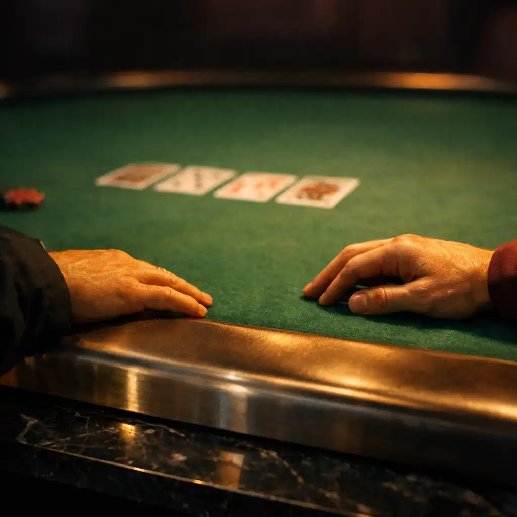 Anonymous guests' hands resting beside ordered cards on a professional green felt poker table