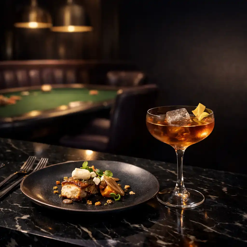 Plated modern gastronomy and a signature cocktail on black marble with a softly blurred felt table behind