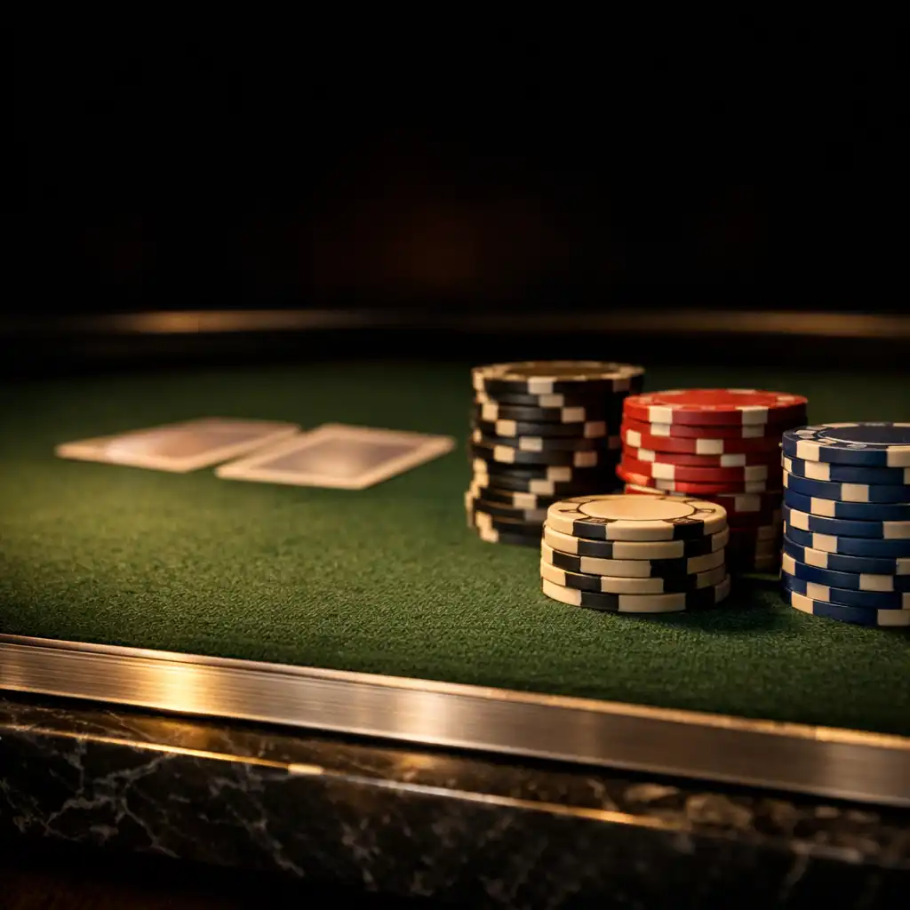Close detail of green professional felt, cards, and custom poker chips on a poker table