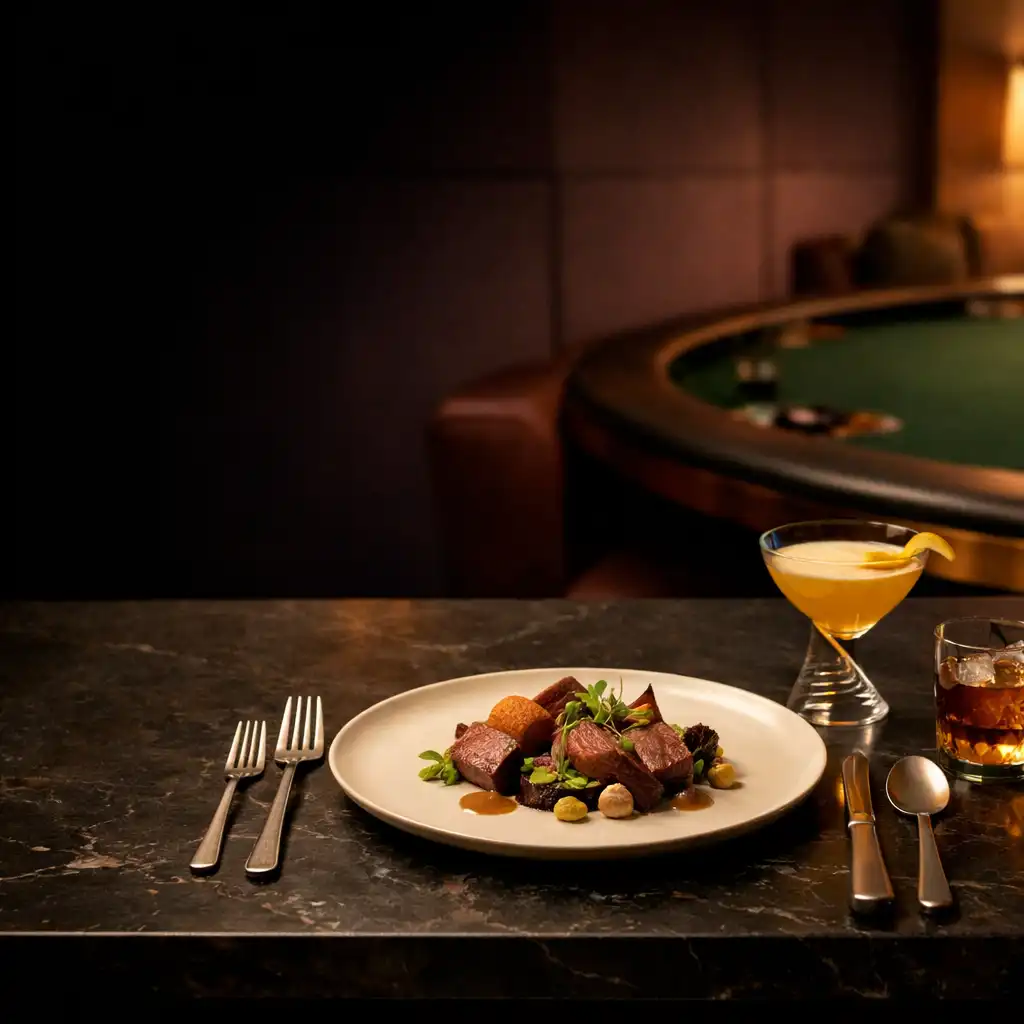 Dark lounge table set with a plated dish, cocktail glassware, and a green felt poker table in the background