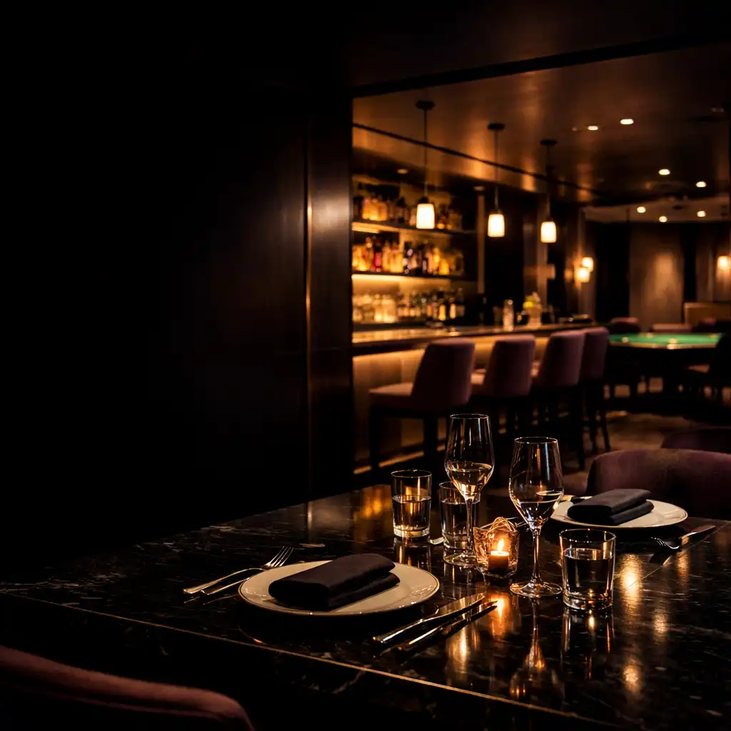 Dark Marblecardclub dining lounge with black marble tables, glassware, warm light, and a distant green felt poker table.