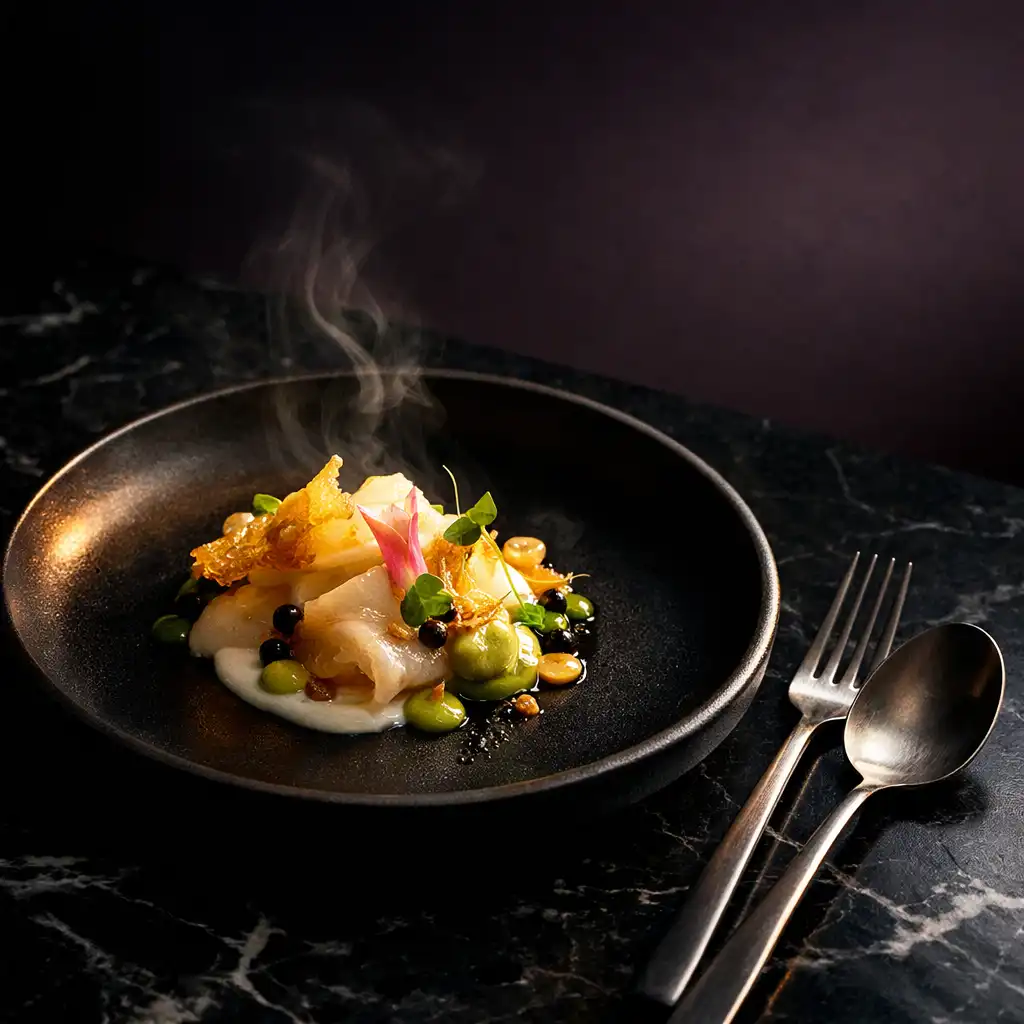 Contemporary plated tasting-menu course on a dark ceramic plate over black marble.