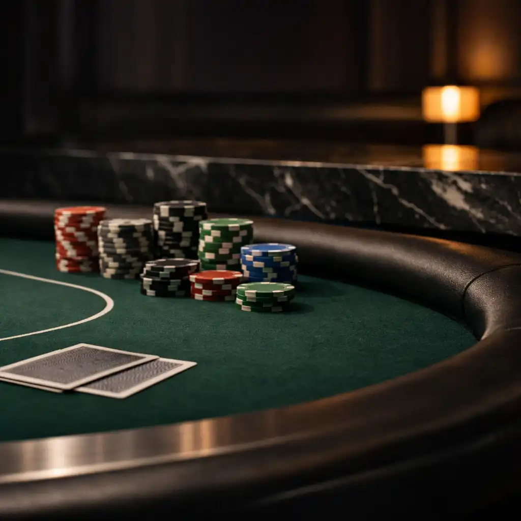 Professional green felt poker table with custom poker chips and brushed metal details in the offline poker lounge.