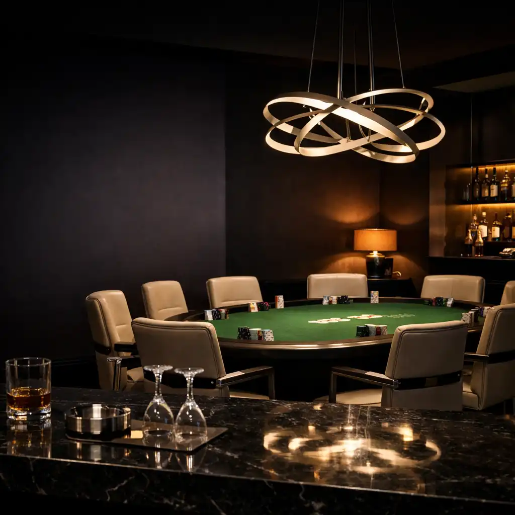 Dark Marblecardclub lounge with black marble tables, warm amber lighting and a professional green felt poker table.