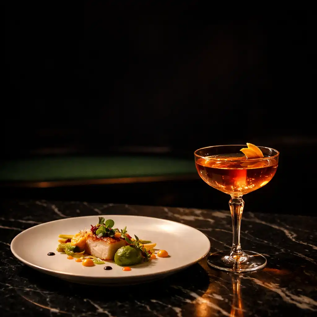A precise tasting-menu plate and signature cocktail on veined black marble in low amber light.